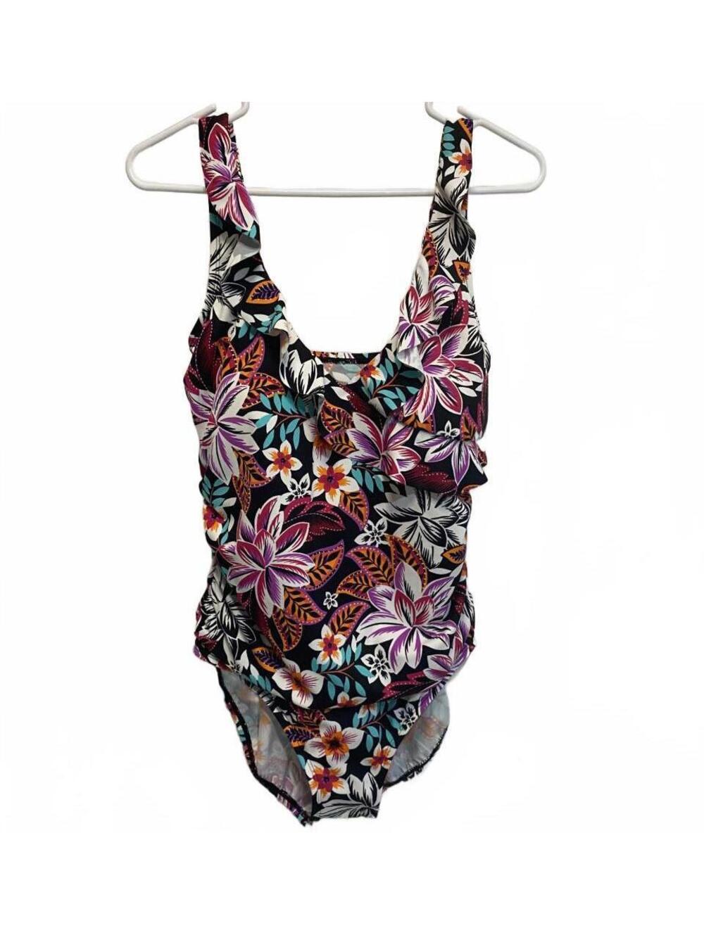 Jantzen Black Floral Ruffle One Piece Swimsuit Size 10